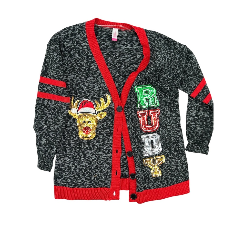 No Boundaries‎ Christmas Reindeer Rudy Sequin Cardigan Sweater Large Grey Red L